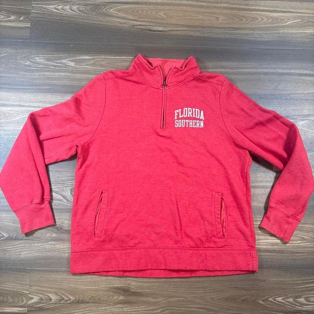 Red Florida Southern College quarter zip sweatshirt with white text